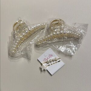 Pink Lily Pearl Barrettes and 2 Pearl Hair Clips - NEW